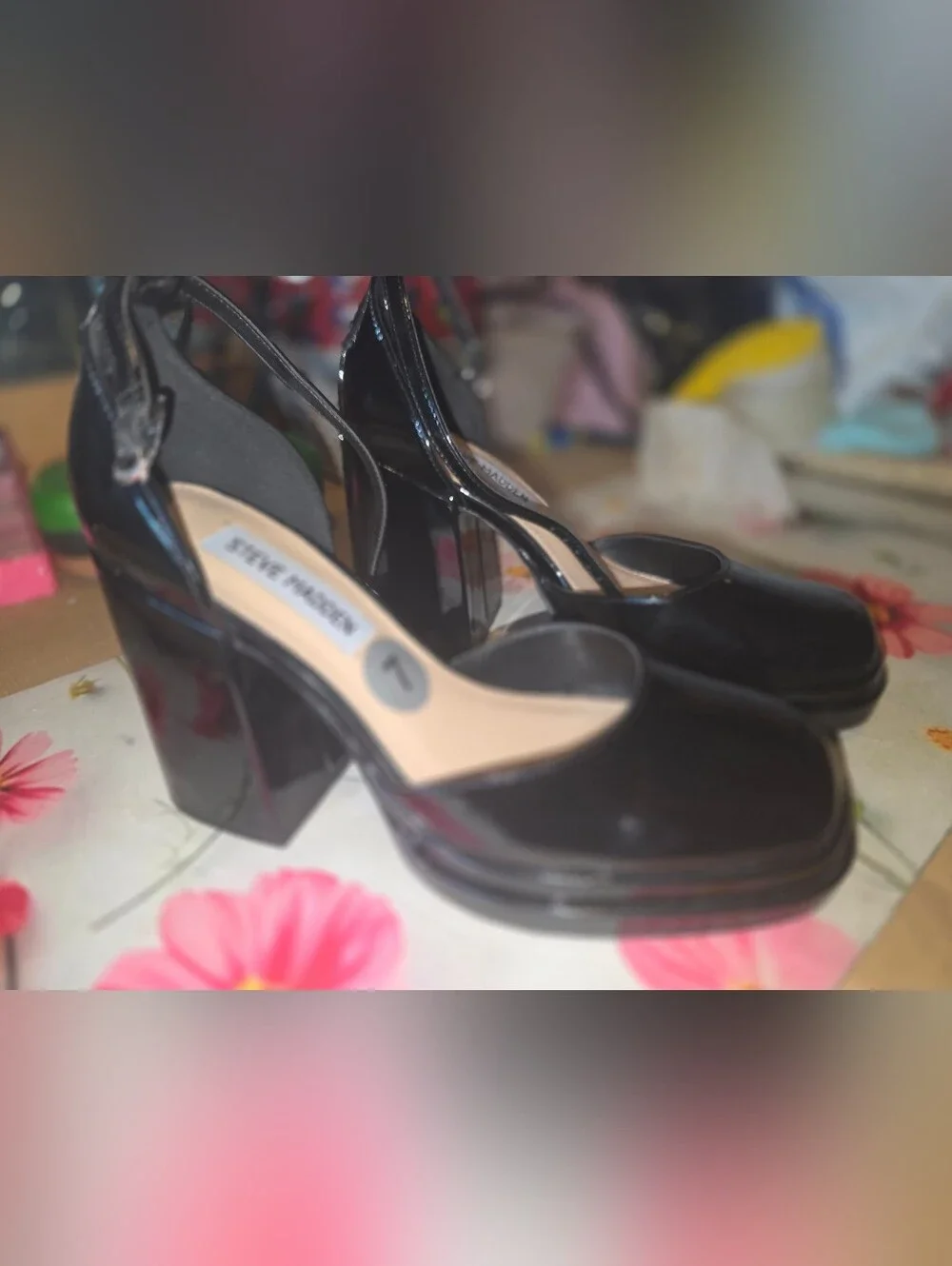 Steve Madden Black Patent Square-Toe Ankle-Strap Heels